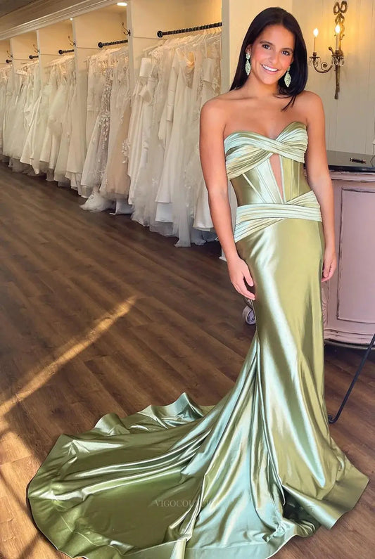 Prom Dresses 2025 to impress Strapless Satin Mermaid Prom Dresses 2025 Crossed Bodice Formal Dresses with Slit – 25135-vigocouture-Sage-Custom Size-vigocouture