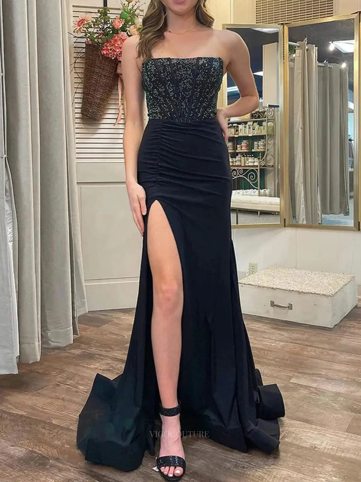 Prom Dresses 2025 to impress Strapless Satin Mermaid Prom Dresses 2025 High Slit Beaded Boned Bodice – 25139-vigocouture-Black-Custom Size-vigocouture