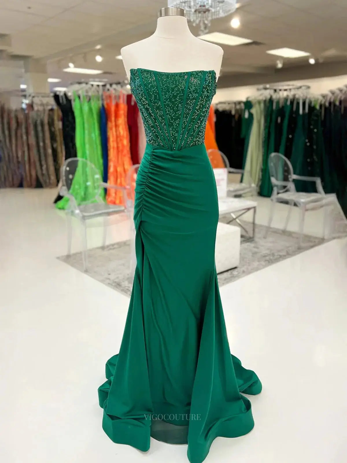 Prom Dresses 2025 to impress Strapless Satin Mermaid Prom Dresses 2025 High Slit Beaded Boned Bodice – 25139-vigocouture-Green-Custom Size-vigocouture