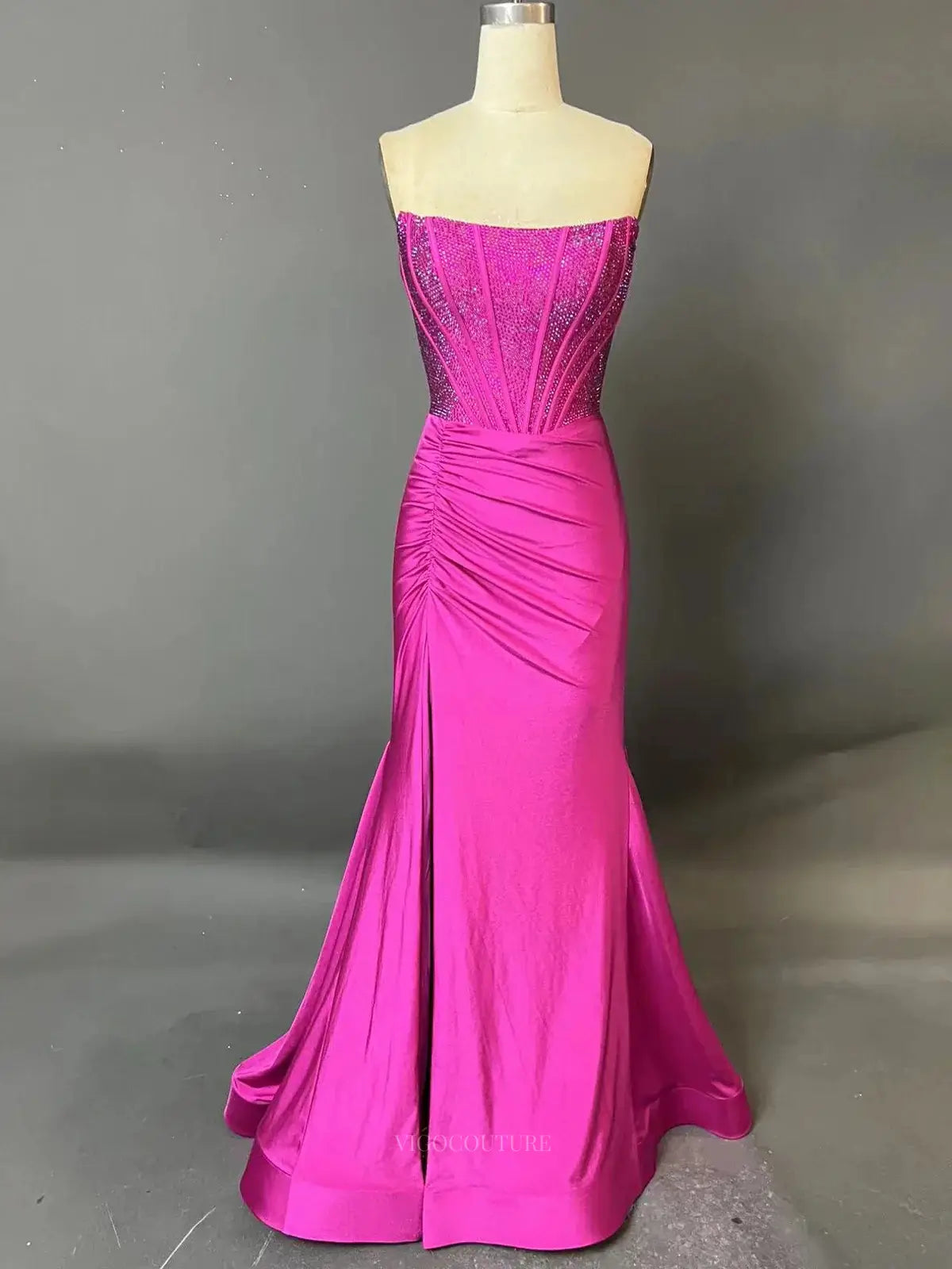 Prom Dresses 2025 to impress Strapless Satin Mermaid Prom Dresses 2025 High Slit Beaded Boned Bodice – 25139-vigocouture-vigocouture