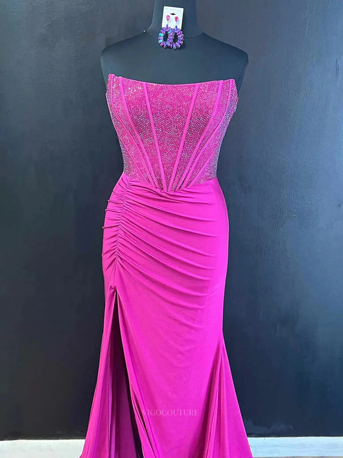 Prom Dresses 2025 to impress Strapless Satin Mermaid Prom Dresses 2025 High Slit Beaded Boned Bodice – 25139-vigocouture-vigocouture