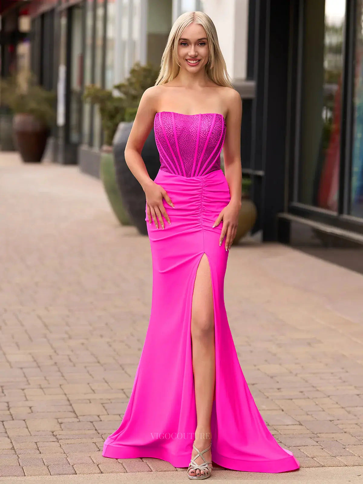 Prom Dresses 2025 to impress Strapless Satin Mermaid Prom Dresses 2025 High Slit Beaded Boned Bodice – 25139-vigocouture-Hot Pink-Custom Size-vigocouture