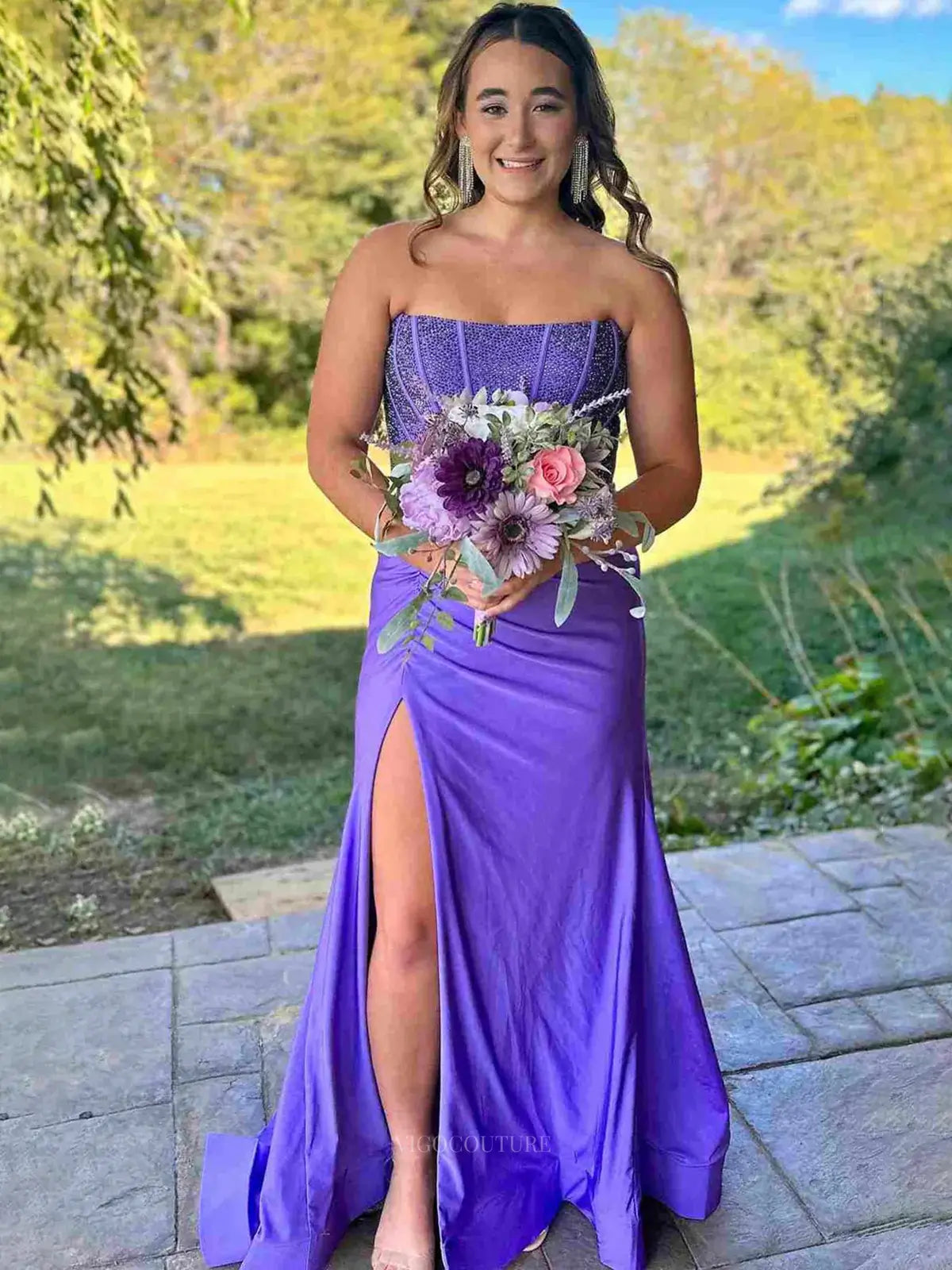 Prom Dresses 2025 to impress Strapless Satin Mermaid Prom Dresses 2025 High Slit Beaded Boned Bodice – 25139-vigocouture-Lavender-Custom Size-vigocouture