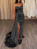 Prom Dresses 2025 to impress Strapless Satin Mermaid Prom Dresses 2025 with Slit & Overskirt – 25103-vigocouture-Black-Custom Size-vigocouture