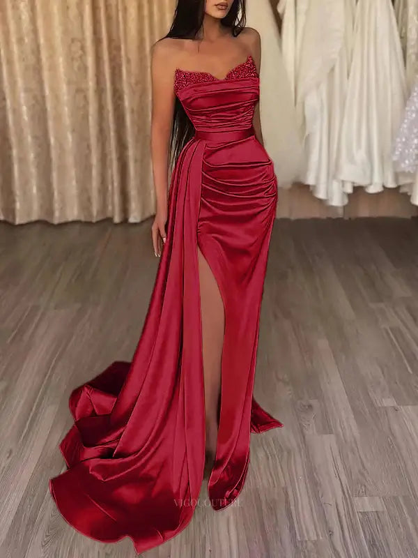 Strapless Satin Mermaid Prom Dresses 2025 with Slit & Overskirt – 25103 Burgundy / US10