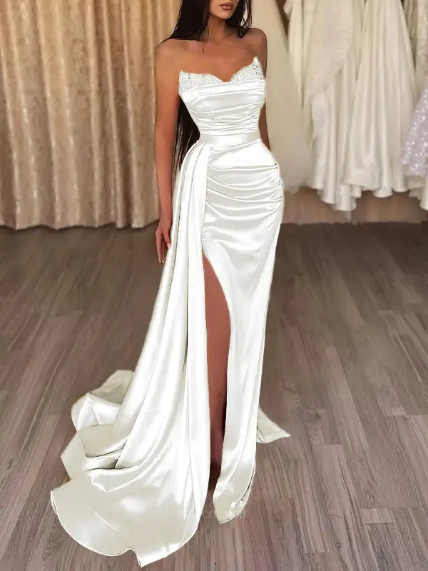 Prom Dresses 2025 to impress Strapless Satin Mermaid Prom Dresses 2025 with Slit & Overskirt – 25103-vigocouture-Ivory-Custom Size-vigocouture