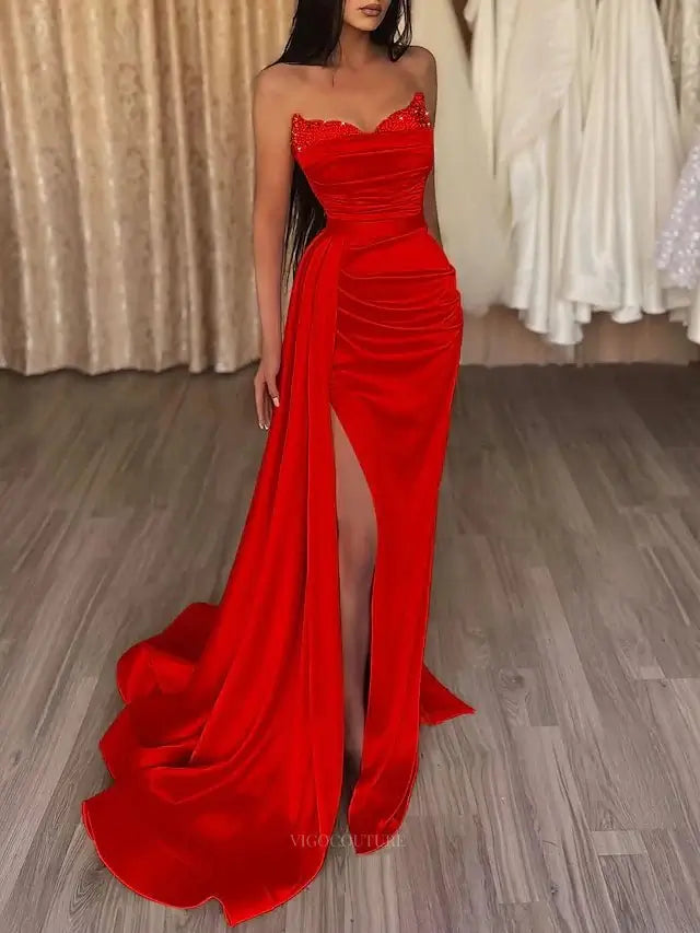 Prom Dresses 2025 to impress Strapless Satin Mermaid Prom Dresses 2025 with Slit & Overskirt – 25103-vigocouture-vigocouture