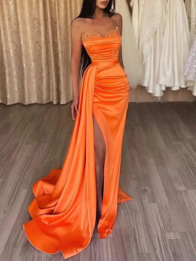 Prom Dresses 2025 to impress Strapless Satin Mermaid Prom Dresses 2025 with Slit & Overskirt – 25103-vigocouture-Orange-Custom Size-vigocouture