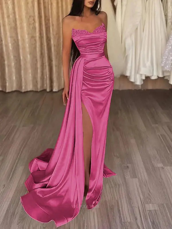 Prom Dresses 2025 to impress Strapless Satin Mermaid Prom Dresses 2025 with Slit & Overskirt – 25103-vigocouture-Pink-Custom Size-vigocouture