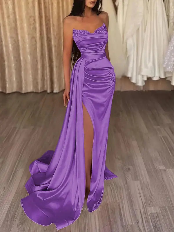 Prom Dresses 2025 to impress Strapless Satin Mermaid Prom Dresses 2025 with Slit & Overskirt – 25103-vigocouture-Purple-Custom Size-vigocouture