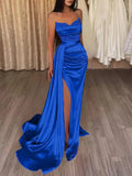 Prom Dresses 2025 to impress Strapless Satin Mermaid Prom Dresses 2025 with Slit & Overskirt – 25103-vigocouture-Royal Blue-Custom Size-vigocouture