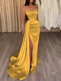 Prom Dresses 2025 to impress Strapless Satin Mermaid Prom Dresses 2025 with Slit & Overskirt – 25103-vigocouture-Yellow-Custom Size-vigocouture