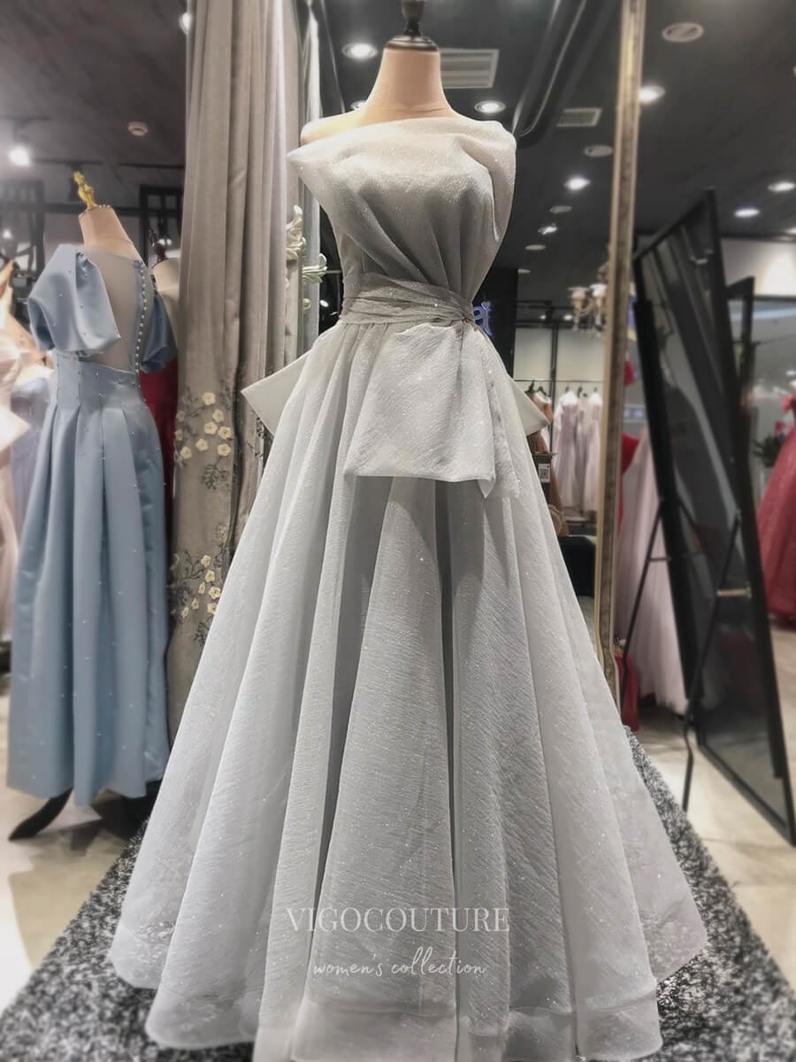 Prom Dress 2025 Strapless Satin Prom Dresses Bow Formal Dresses 21040-unique elegant Prom Dresses-Grey-Custom Size-vigocouture