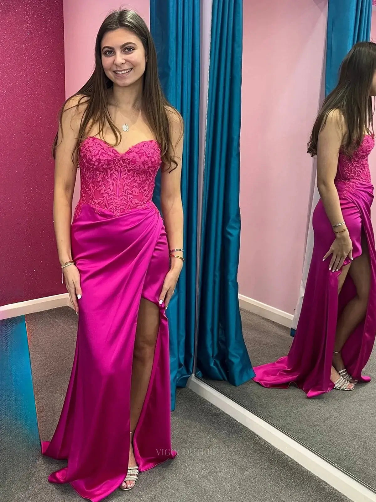 Prom Dresses 2025 to impress Strapless Satin Sheath Prom Dresses with Slit Sweetheart Lace Formal Dresses – 25164-vigocouture-Fuchsia-Custom Size-vigocouture