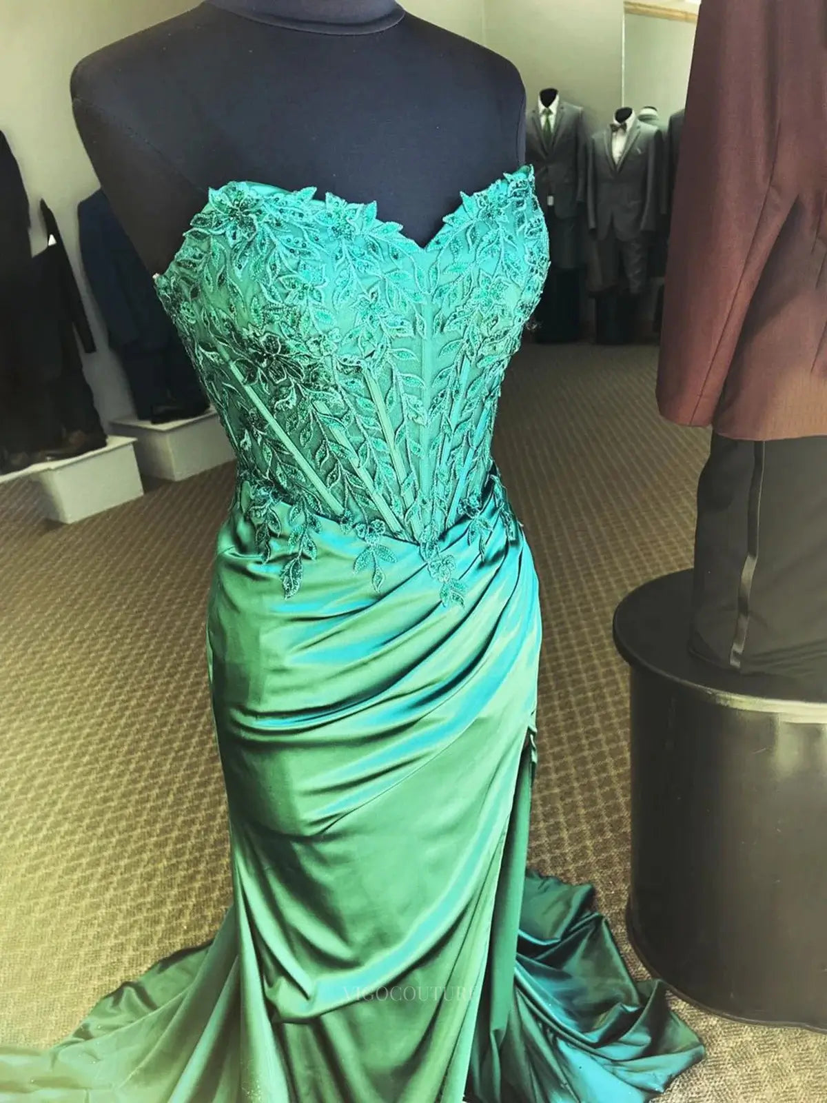 Prom Dresses 2025 to impress Strapless Satin Sheath Prom Dresses with Slit Sweetheart Lace Formal Dresses – 25164-vigocouture-Green-Custom Size-vigocouture