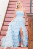 Prom Dress 2025 Strapless Sequin Lace Tiered Prom Dresses with Slit Pleated Bodice 24309-unique elegant Prom Dresses-Light Blue-Custom Size-vigocouture