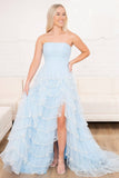 Prom Dress 2025 Strapless Sequin Lace Tiered Prom Dresses with Slit Pleated Bodice 24309-unique elegant Prom Dresses-Light Blue-Custom Size-vigocouture