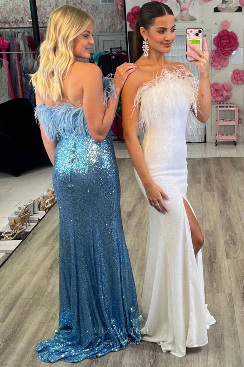 Prom Dress 2025 Strapless Sequin Mermaid Cheap Prom Dresses with Slit Feather Neckline 24320-unique elegant Prom Dresses-Ivory-Custom Size-vigocouture