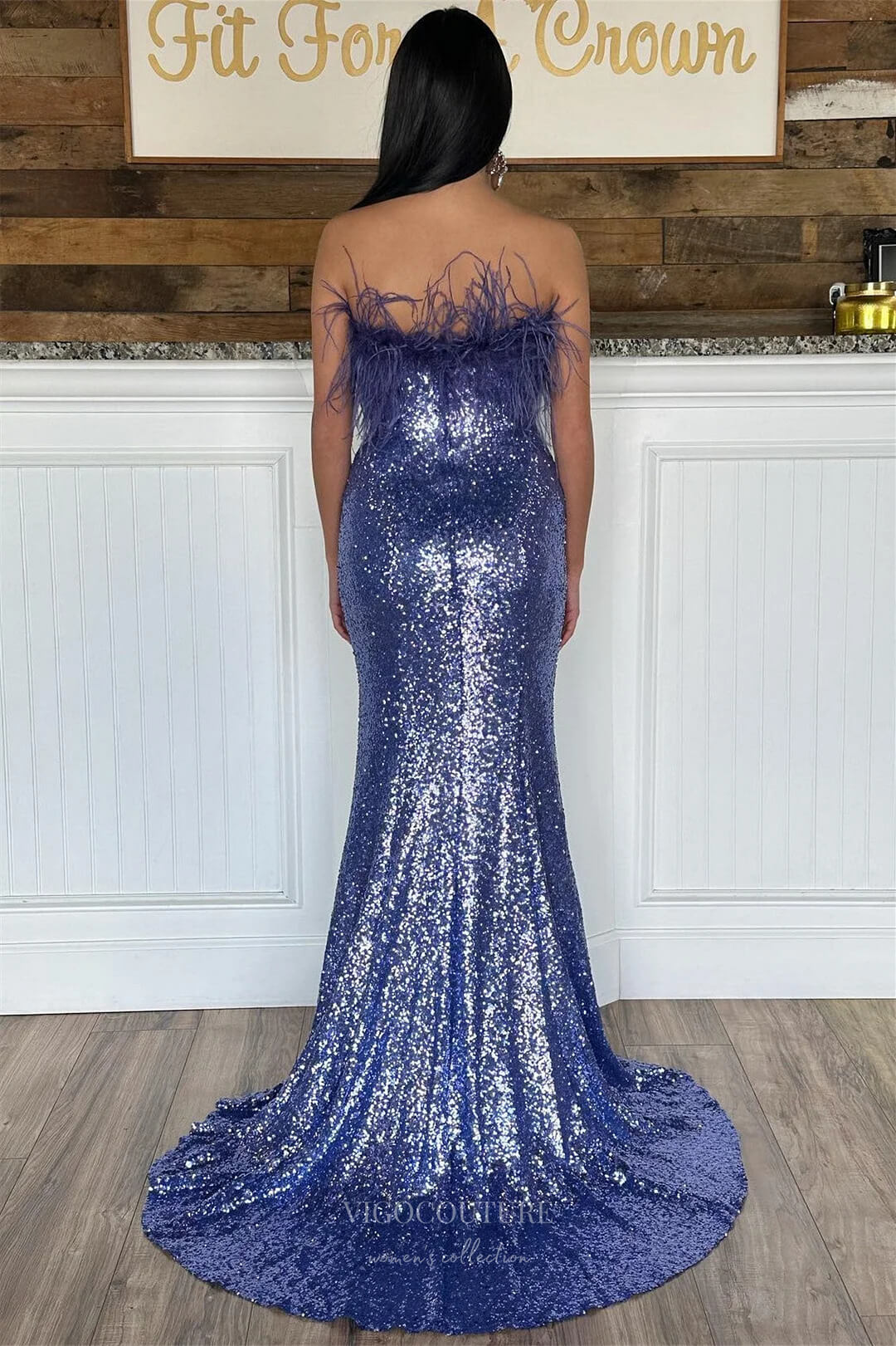 Prom Dress 2025 Strapless Sequin Mermaid Cheap Prom Dresses with Slit Feather Neckline 24320-unique elegant Prom Dresses-Ivory-Custom Size-vigocouture