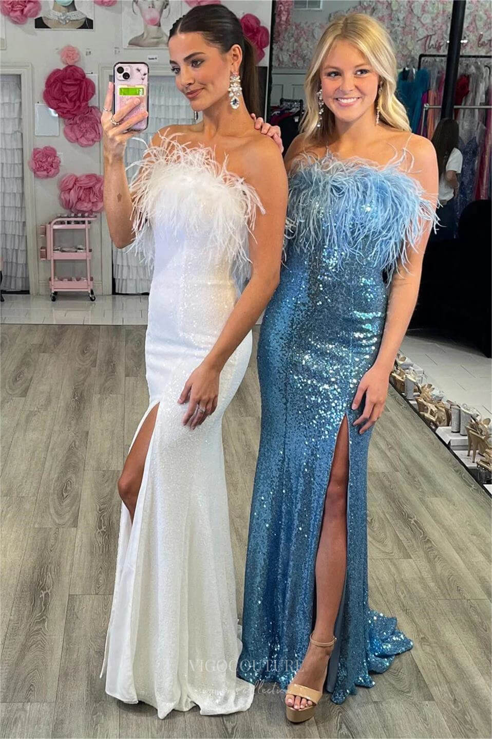 Prom Dress 2025 Strapless Sequin Mermaid Cheap Prom Dresses with Slit Feather Neckline 24320-unique elegant Prom Dresses-Ivory-Custom Size-vigocouture