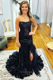 Prom Dress 2025 Strapless Sequin Mermaid Prom Dresses 2024 with Feather Slit 24239-unique elegant Prom Dresses-Black-Custom Size-vigocouture