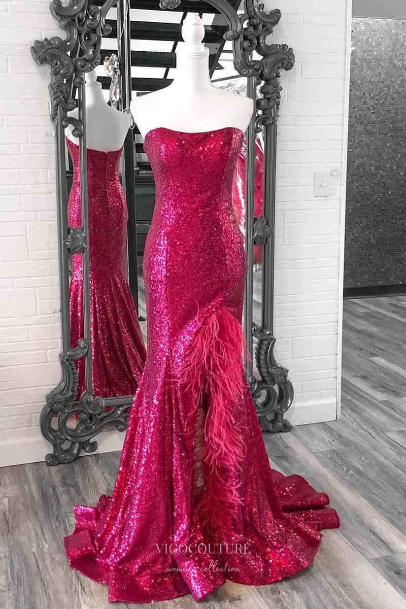 Prom Dress 2025 Strapless Sequin Mermaid Prom Dresses 2024 with Feather Slit 24239-unique elegant Prom Dresses-Fuchsia-Custom Size-vigocouture