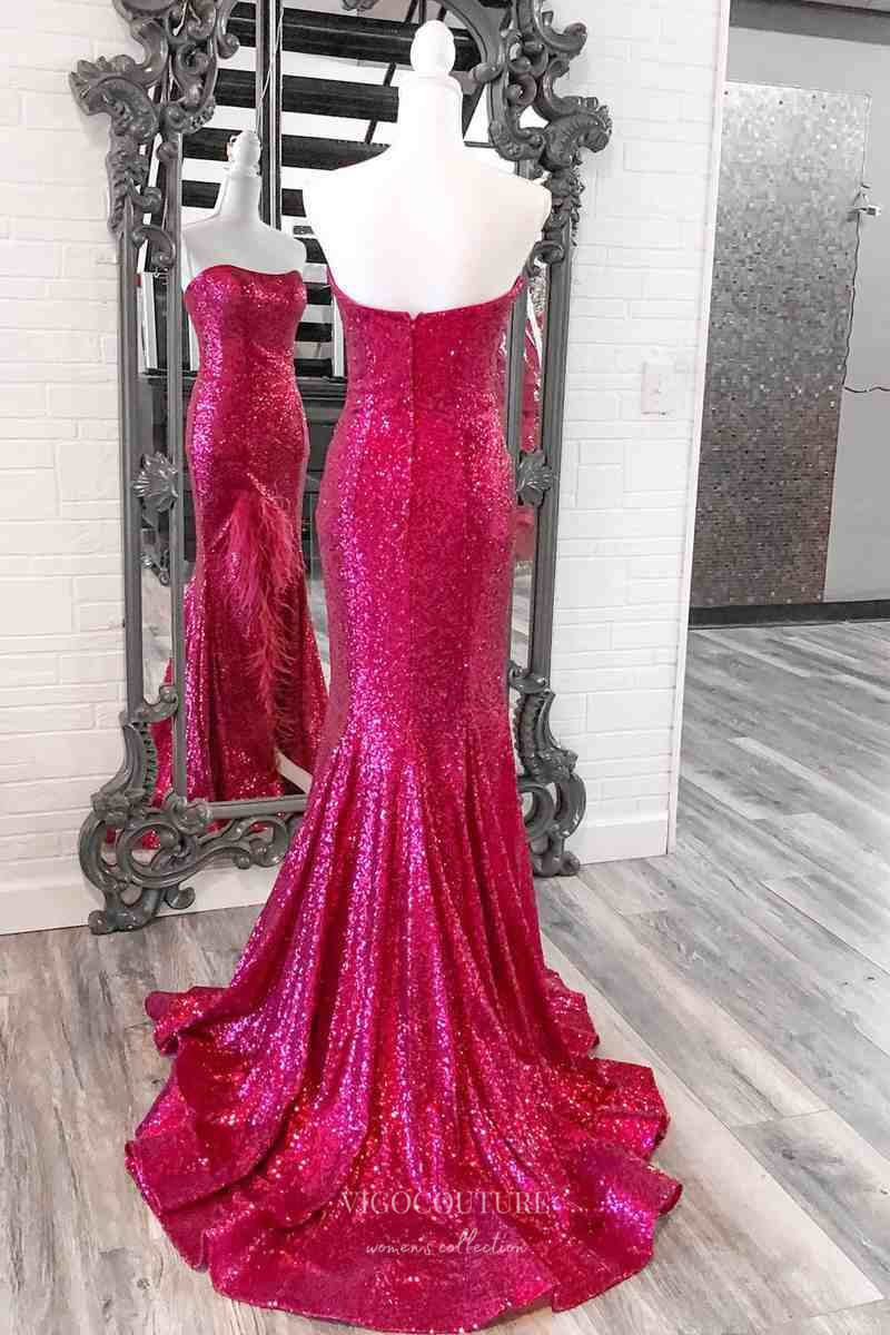 Prom Dress 2025 Strapless Sequin Mermaid Prom Dresses 2024 with Feather Slit 24239-unique elegant Prom Dresses-Fuchsia-Custom Size-vigocouture