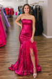 Prom Dress 2025 Strapless Sequin Mermaid Prom Dresses 2024 with Feather Slit 24239-unique elegant Prom Dresses-Fuchsia-Custom Size-vigocouture