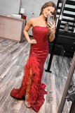 Prom Dress 2025 Strapless Sequin Mermaid Prom Dresses 2024 with Feather Slit 24239-unique elegant Prom Dresses-Red-Custom Size-vigocouture