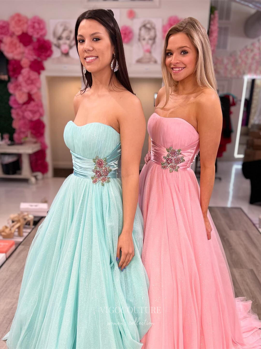 Prom Dress 2025 Strapless Shimmering Tulle Cheap Prom Dresses Pleated Bodice Beaded Waist 24127-unique elegant Prom Dresses-Aqua-Custom Size-vigocouture