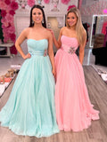 Prom Dress 2025 Strapless Shimmering Tulle Cheap Prom Dresses Pleated Bodice Beaded Waist 24127-unique elegant Prom Dresses-Aqua-Custom Size-vigocouture