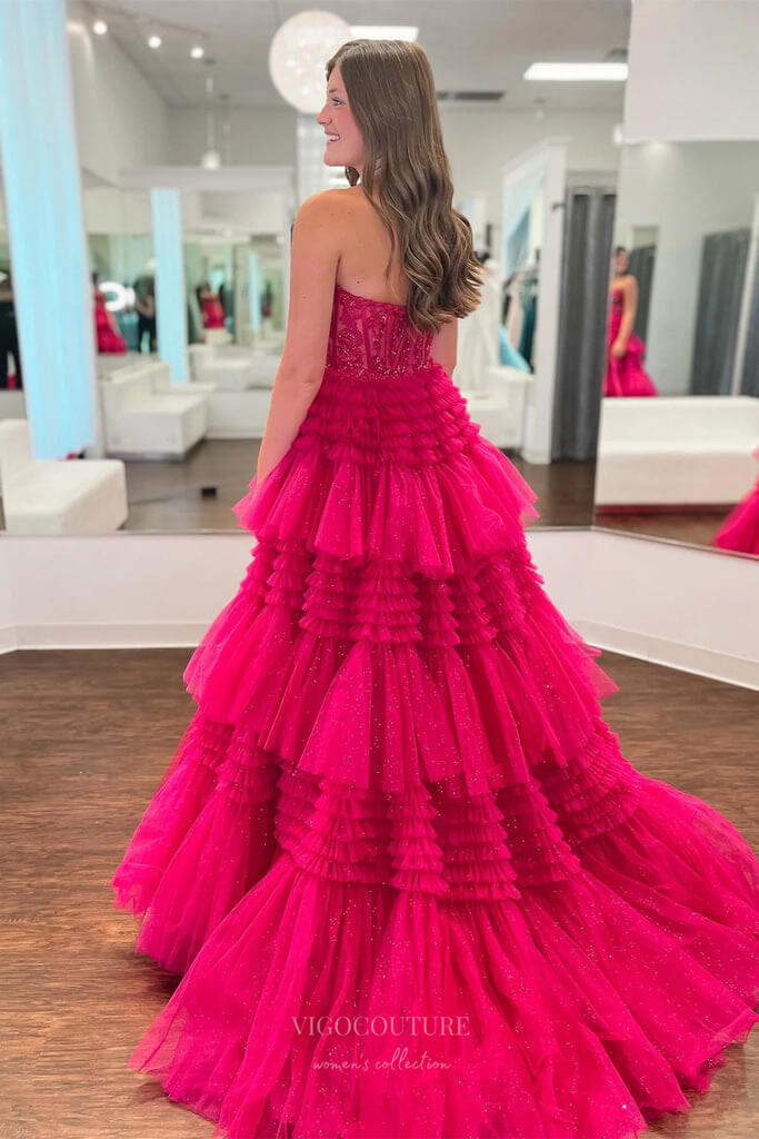 Prom Dress 2025 Strapless Sparkly Tiered Ruffled Prom Dresses with Slit Lace Applique Boned Bodice 24334-unique elegant Prom Dresses-Hot Pink-Custom Size-vigocouture