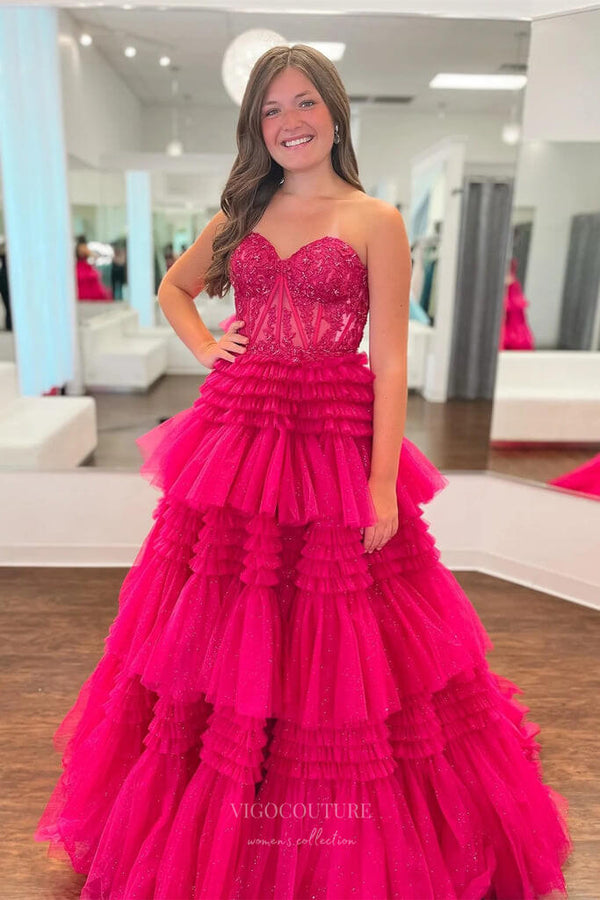 Strapless Sparkly Tiered Ruffled Prom Dresses with Slit Lace Applique