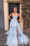 Prom Dress 2025 Strapless Sparkly Tiered Ruffled Prom Dresses with Slit Lace Applique Boned Bodice 24334-unique elegant Prom Dresses-Light Blue-Custom Size-vigocouture