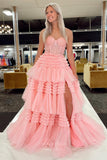 Prom Dress 2025 Strapless Sparkly Tiered Ruffled Prom Dresses with Slit Lace Applique Boned Bodice 24334-unique elegant Prom Dresses-Pink-Custom Size-vigocouture