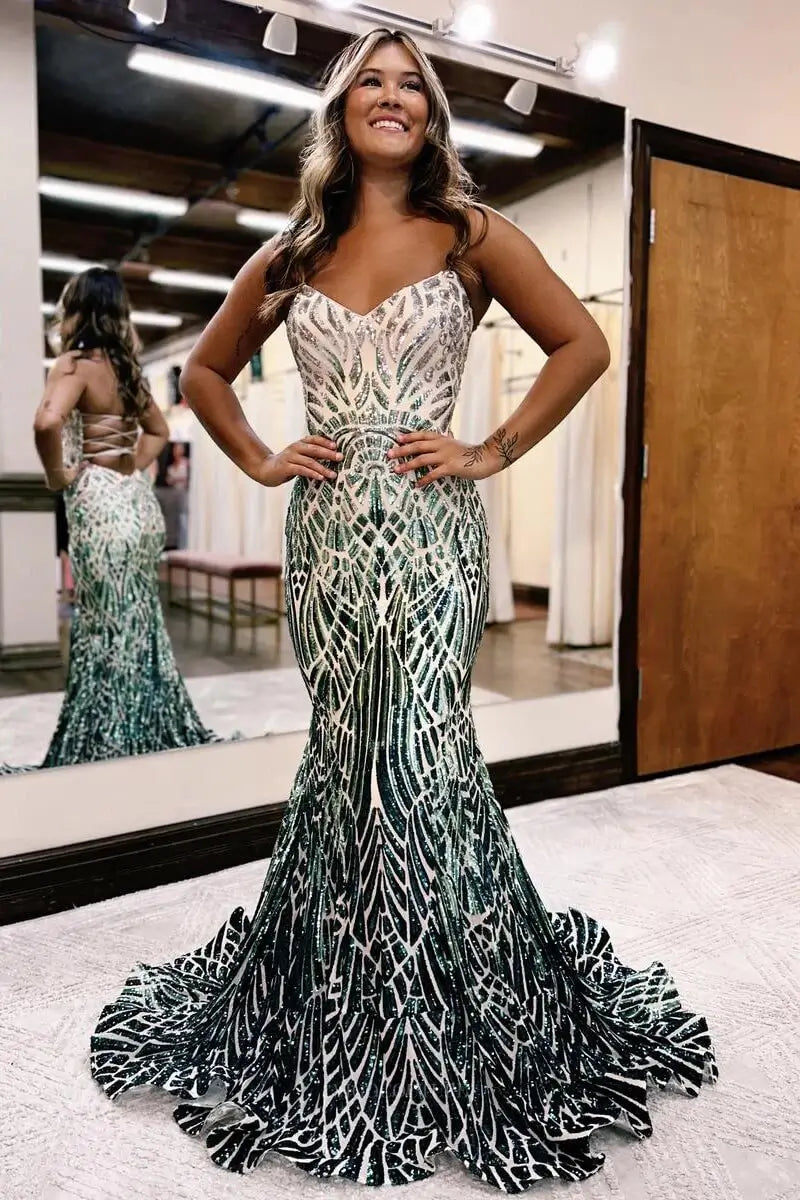 Prom Dresses 2025 to impress Strapless Sweetheart Sequin Mermaid Prom Dress with Abstract Glitter Pattern & Lace-Up Open Back – 26103-vigocouture-Green-US 0-vigocouture