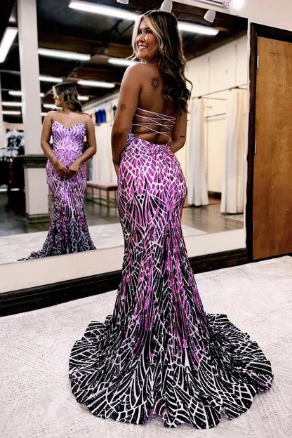 Prom Dresses 2025 to impress Strapless Sweetheart Sequin Mermaid Prom Dress with Abstract Glitter Pattern & Lace-Up Open Back – 26103-vigocouture-vigocouture