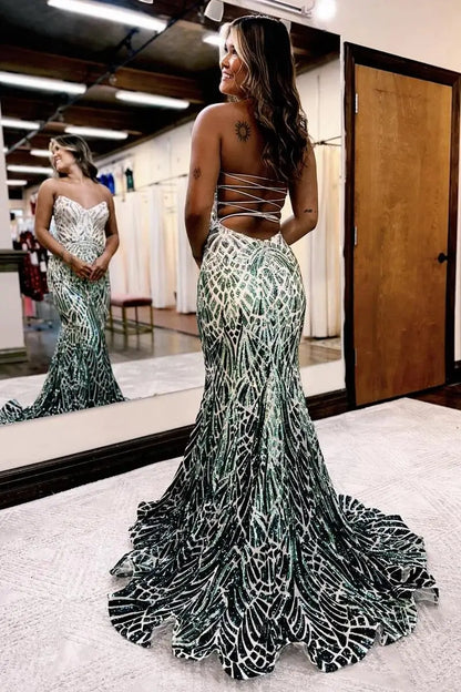 Prom Dresses 2025 to impress Strapless Sweetheart Sequin Mermaid Prom Dress with Abstract Glitter Pattern & Lace-Up Open Back – 26103-vigocouture-vigocouture