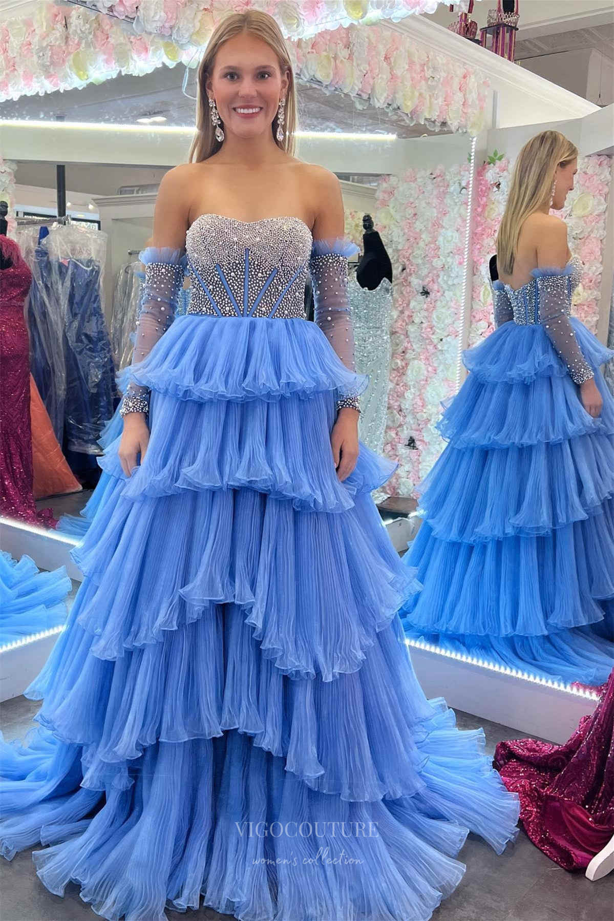 Prom Dress 2025 Strapless Tiered Beaded Prom Dresses 2024 Removable Sheer Sleeve 24278-unique elegant Prom Dresses-Blue-Custom Size-vigocouture