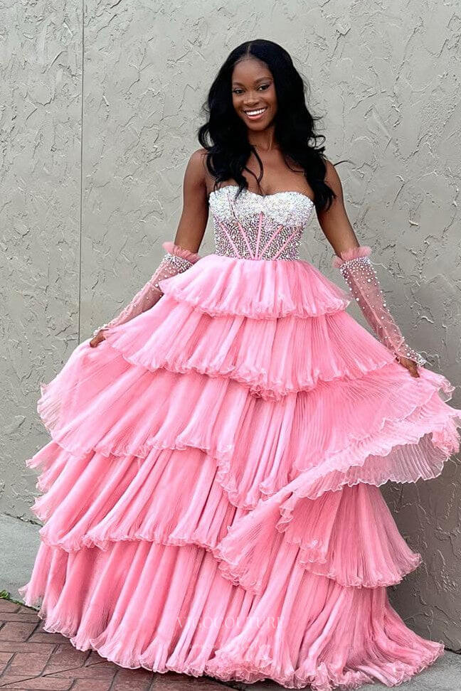 Strapless Tiered Beaded Prom Dresses 2024 Removable Sheer Sleeve 24278 Pink / 26W