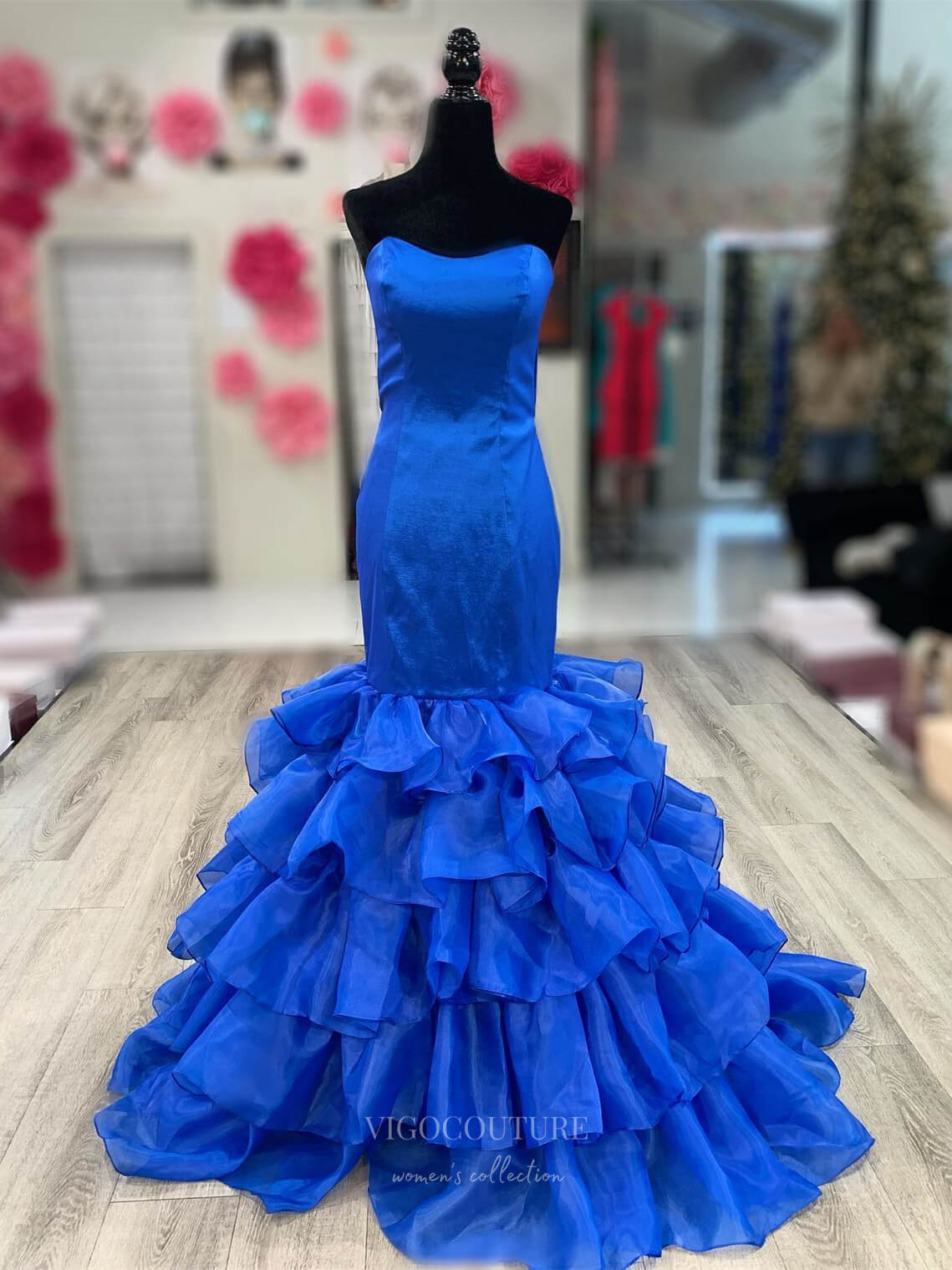 Prom Dress 2025 Strapless Tiered Mermaid Prom Dresses Satin Formal Gown 24211-unique elegant Prom Dresses-Blue-Custom Size-vigocouture