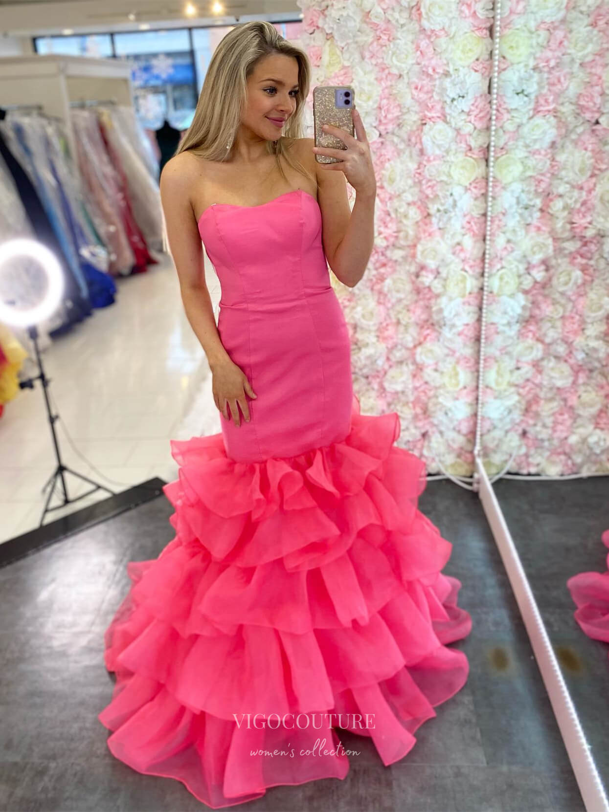 Prom Dress 2025 Strapless Tiered Mermaid Prom Dresses Satin Formal Gown 24211-unique elegant Prom Dresses-Pink-Custom Size-vigocouture