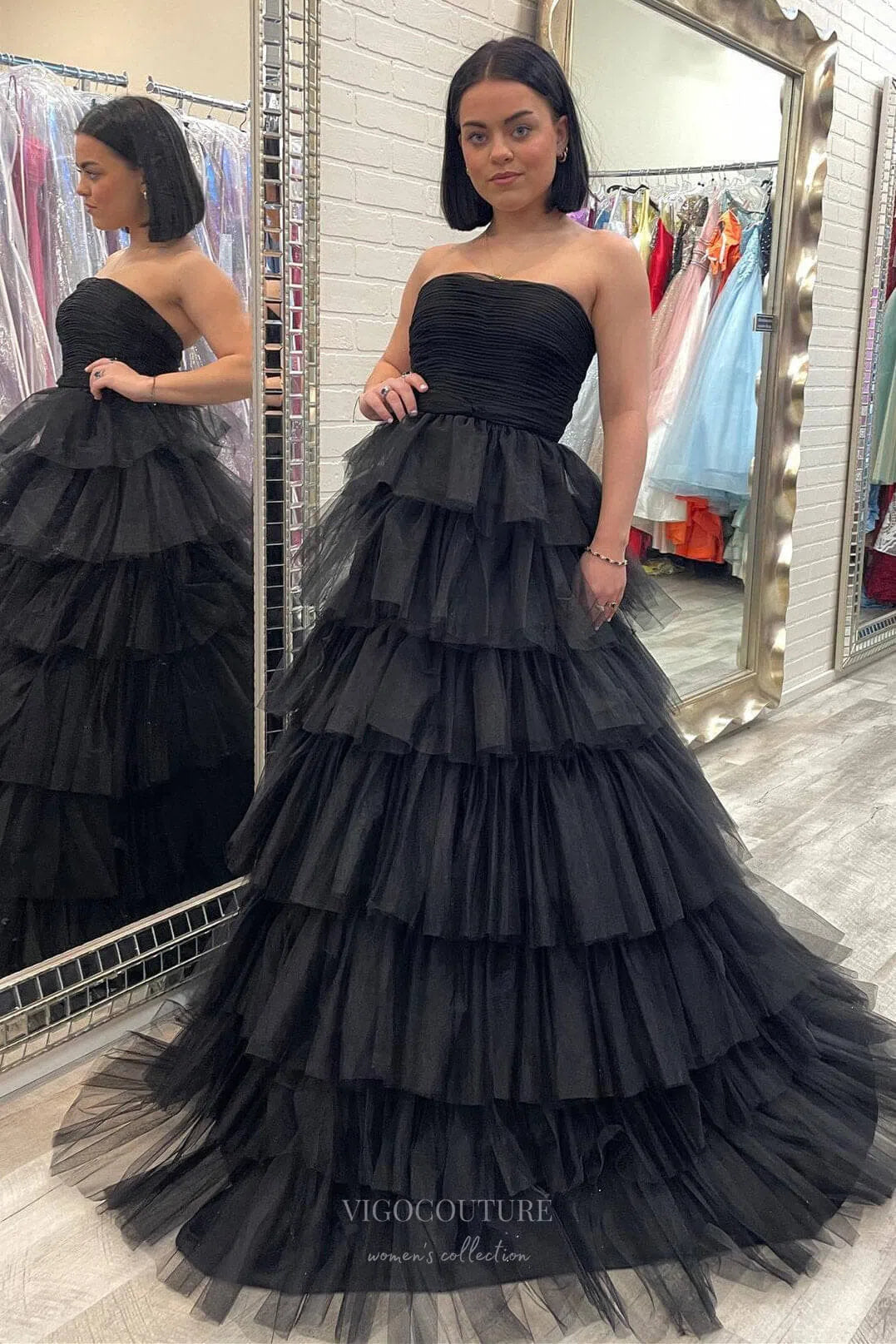 Prom Dress 2025 Strapless Tiered Ruffled Prom Dresses Pleated Bodice Formal Gown 24325-unique elegant Prom Dresses-Black-Custom Size-vigocouture