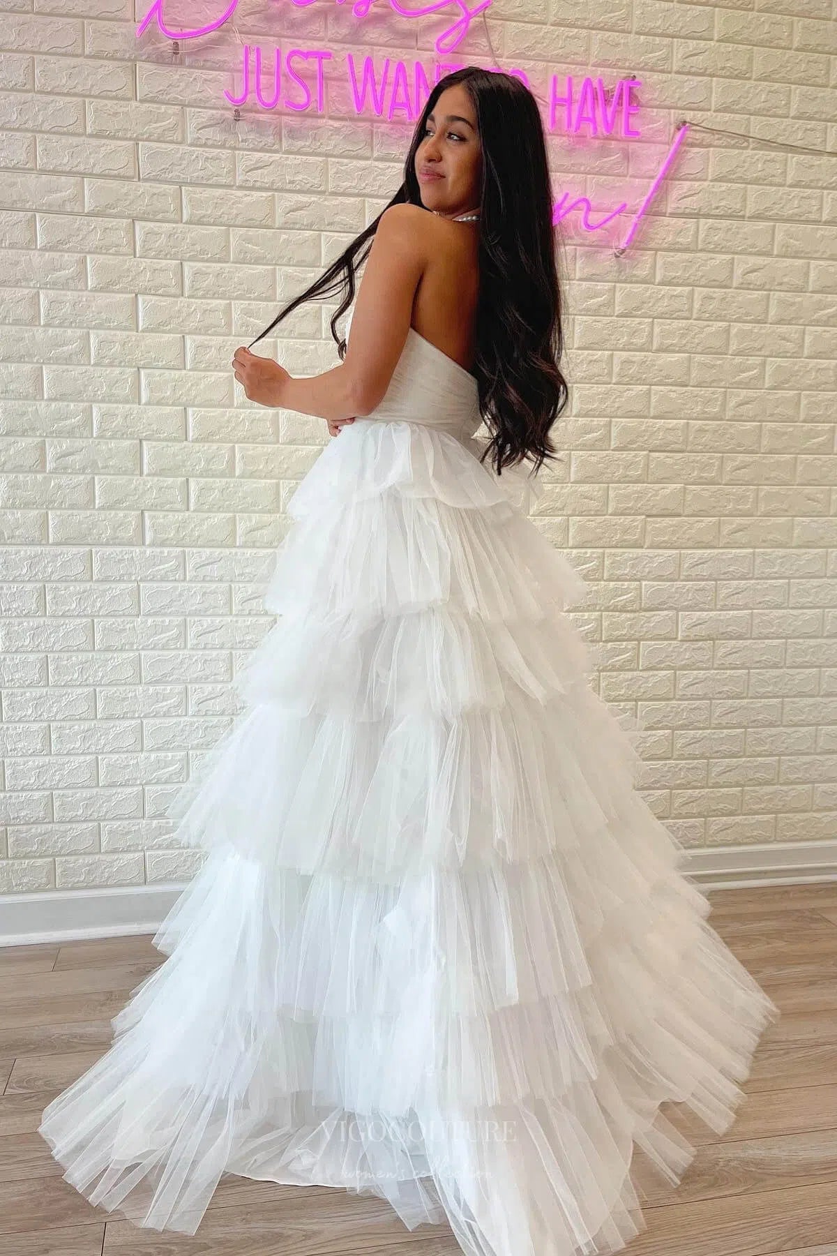 Prom Dress 2025 Strapless Tiered Ruffled Prom Dresses Pleated Bodice Formal Gown 24325-unique elegant Prom Dresses-Ivory-Custom Size-vigocouture