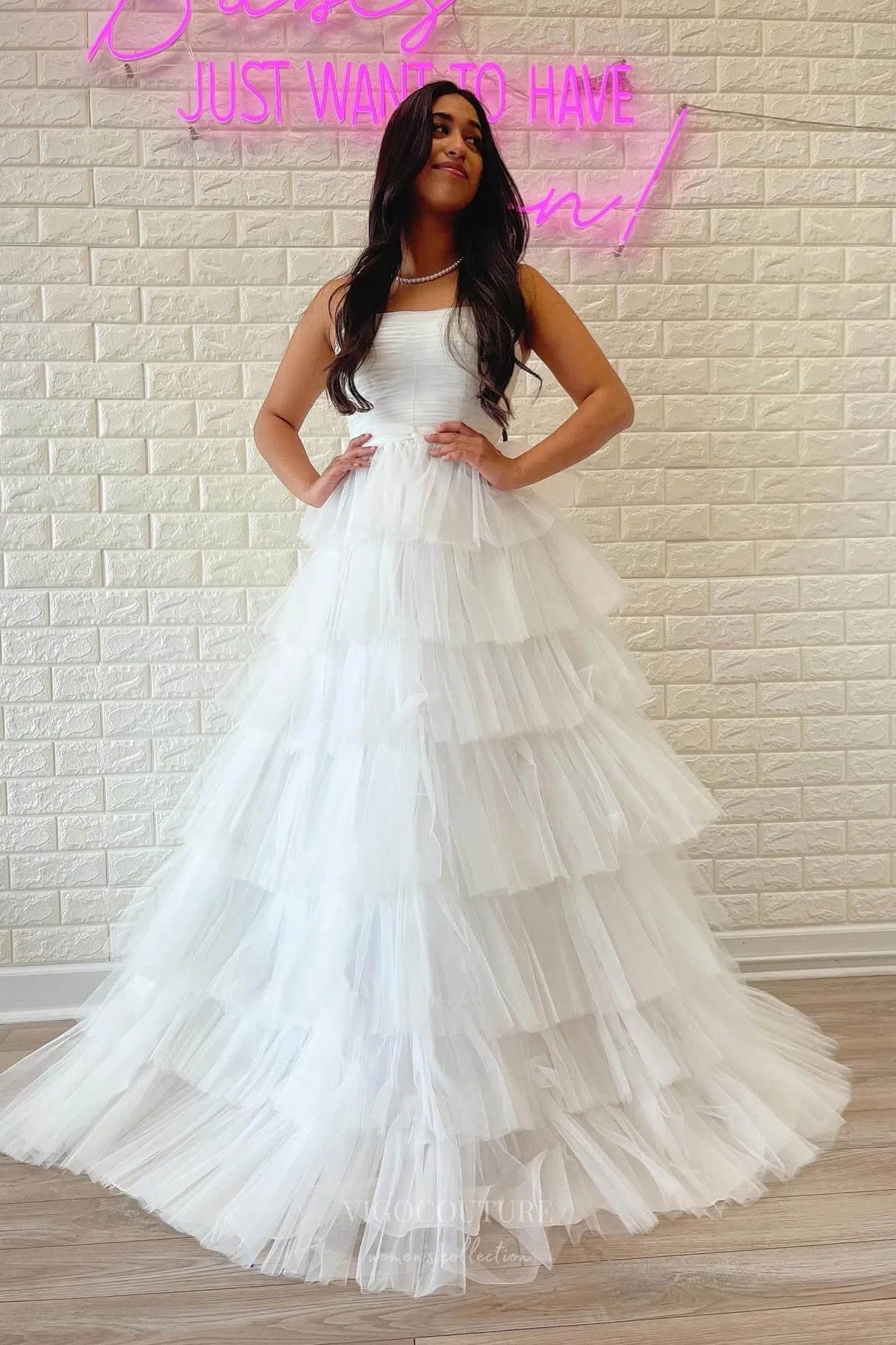 Prom Dress 2025 Strapless Tiered Ruffled Prom Dresses Pleated Bodice Formal Gown 24325-unique elegant Prom Dresses-Ivory-Custom Size-vigocouture