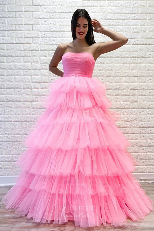 Prom Dress 2025 Strapless Tiered Ruffled Prom Dresses Pleated Bodice Formal Gown 24325-unique elegant Prom Dresses-Pink-Custom Size-vigocouture