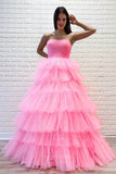 Prom Dress 2025 Strapless Tiered Ruffled Prom Dresses Pleated Bodice Formal Gown 24325-unique elegant Prom Dresses-Pink-Custom Size-vigocouture