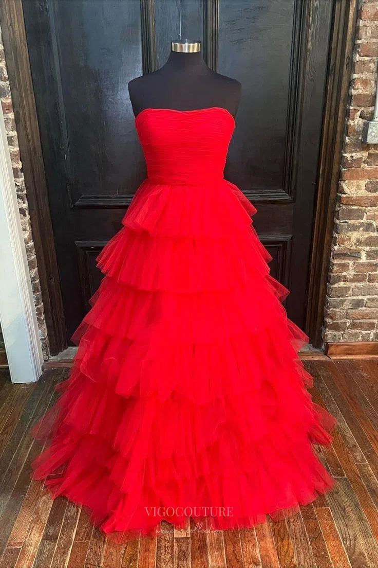 Prom Dress 2025 Strapless Tiered Ruffled Prom Dresses Pleated Bodice Formal Gown 24325-unique elegant Prom Dresses-Red-Custom Size-vigocouture