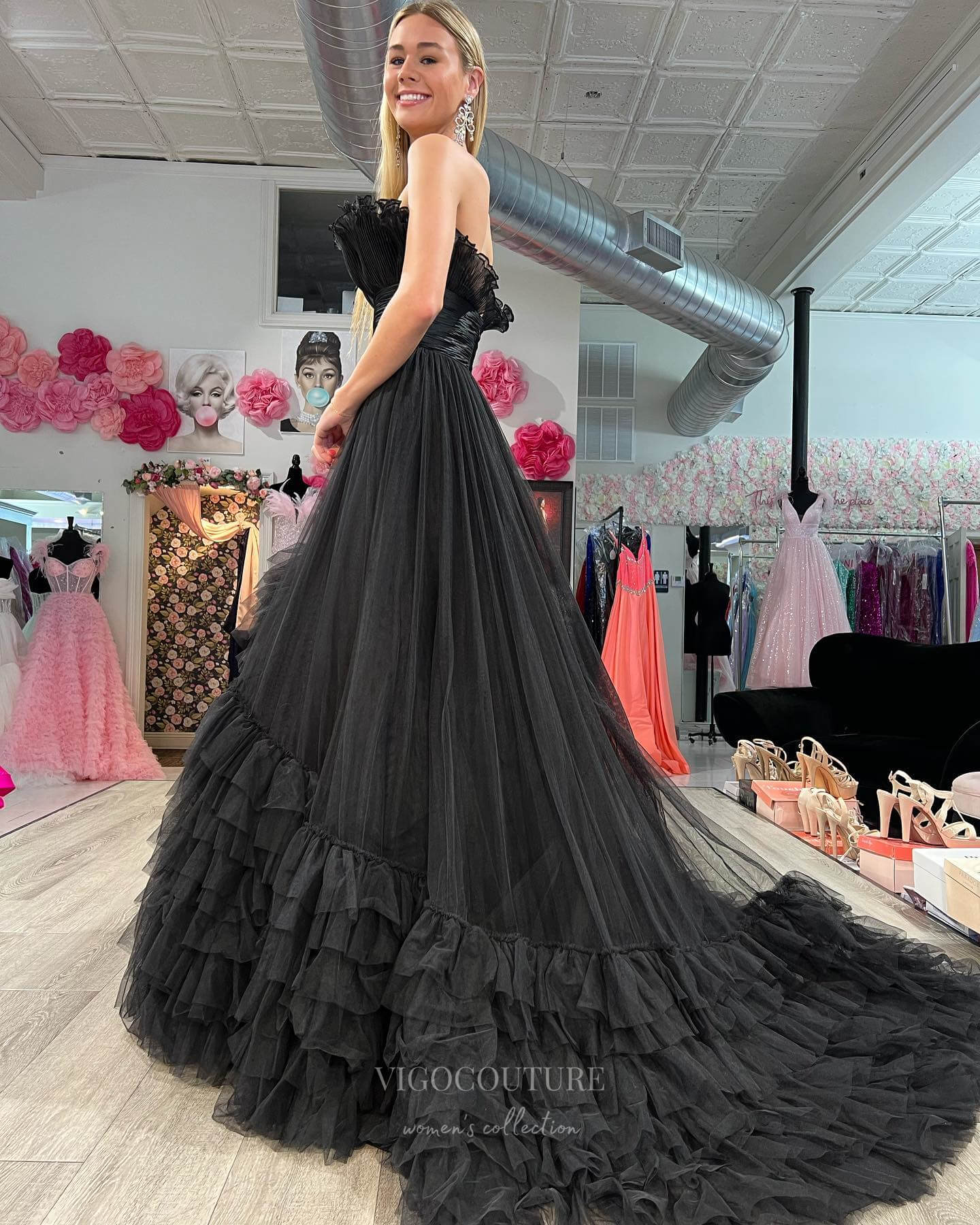 Prom Dress 2025 Strapless Tiered Ruffled Prom Dresses Pleated Tulle Formal Gown 24373-unique elegant Prom Dresses-Black-Custom Size-vigocouture