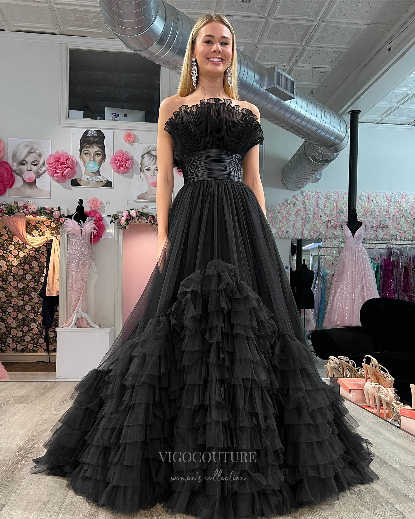 Prom Dress 2025 Strapless Tiered Ruffled Prom Dresses Pleated Tulle Formal Gown 24373-unique elegant Prom Dresses-Black-Custom Size-vigocouture